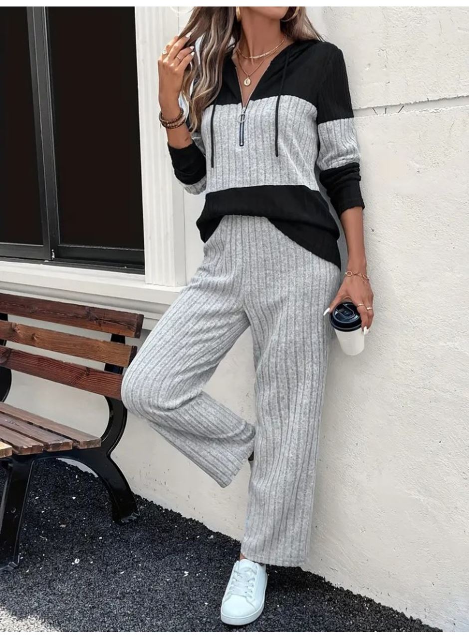 Kadın Uzun Kollu Kapşonlu önden Fermuarlı şardonlu Kaşkorse Bluz Ve Pantolon