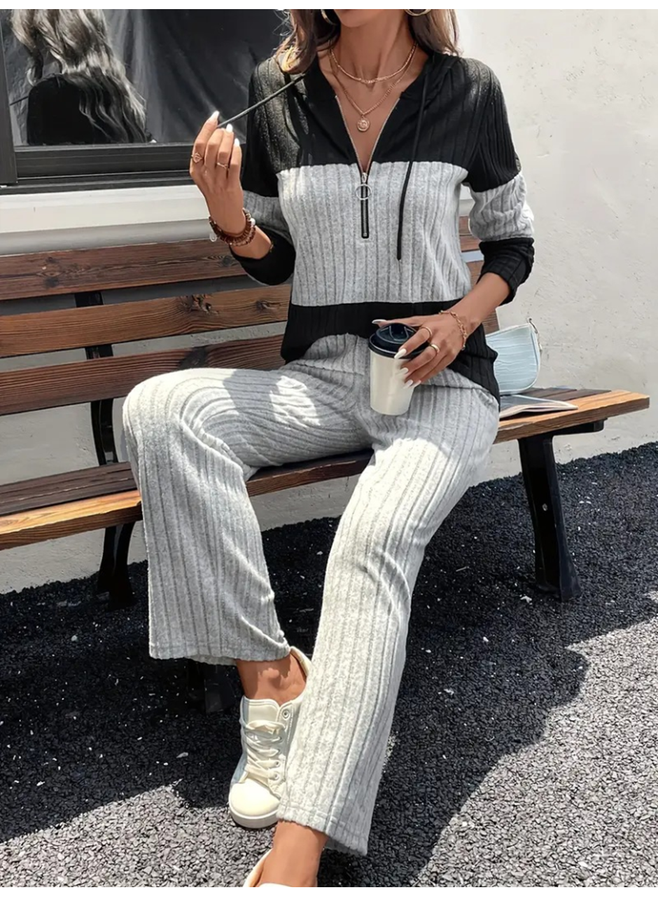 Kadın Uzun Kollu Kapşonlu önden Fermuarlı şardonlu Kaşkorse Bluz Ve Pantolon