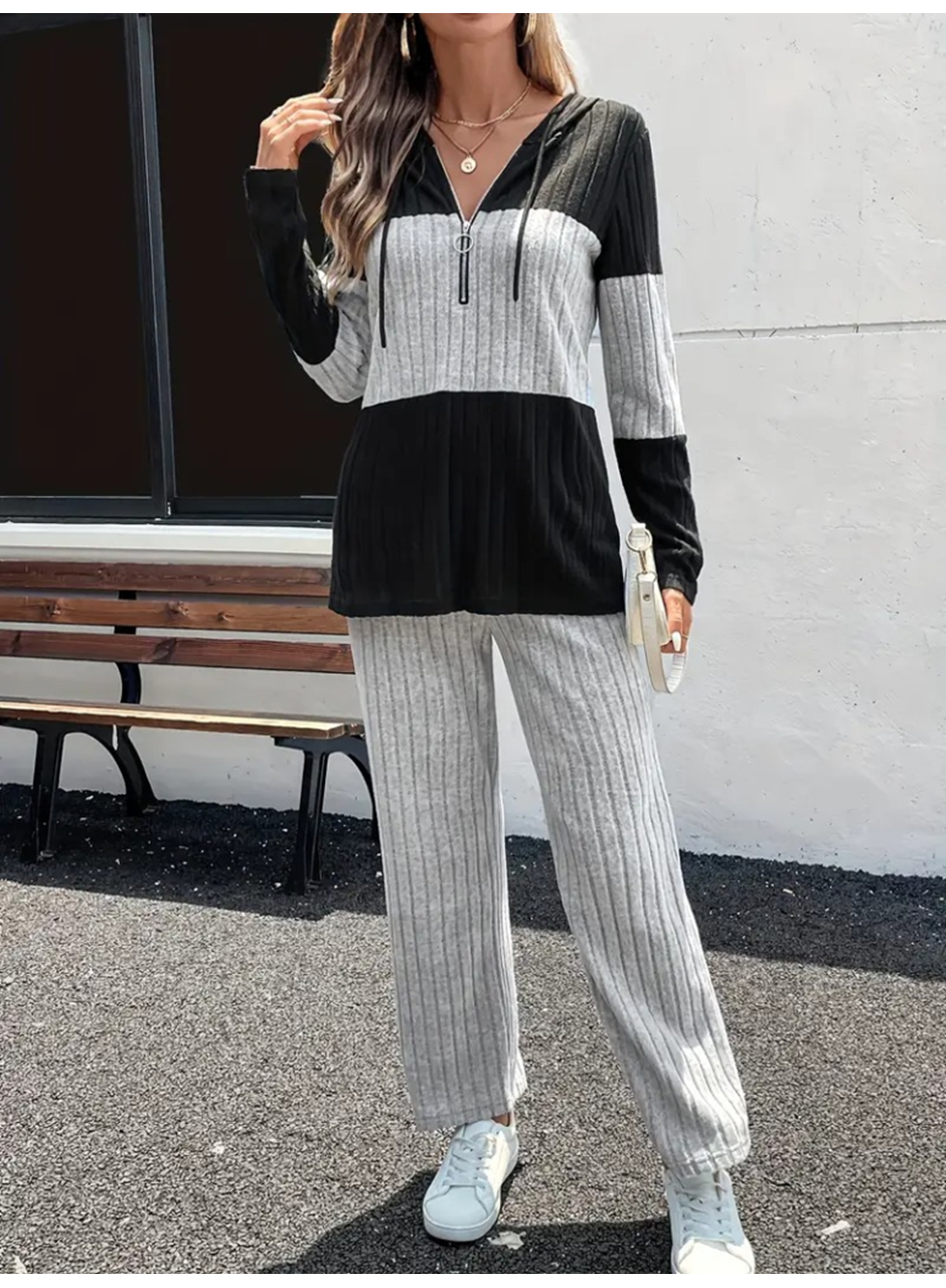 Kadın Uzun Kollu Kapşonlu önden Fermuarlı şardonlu Kaşkorse Bluz Ve Pantolon