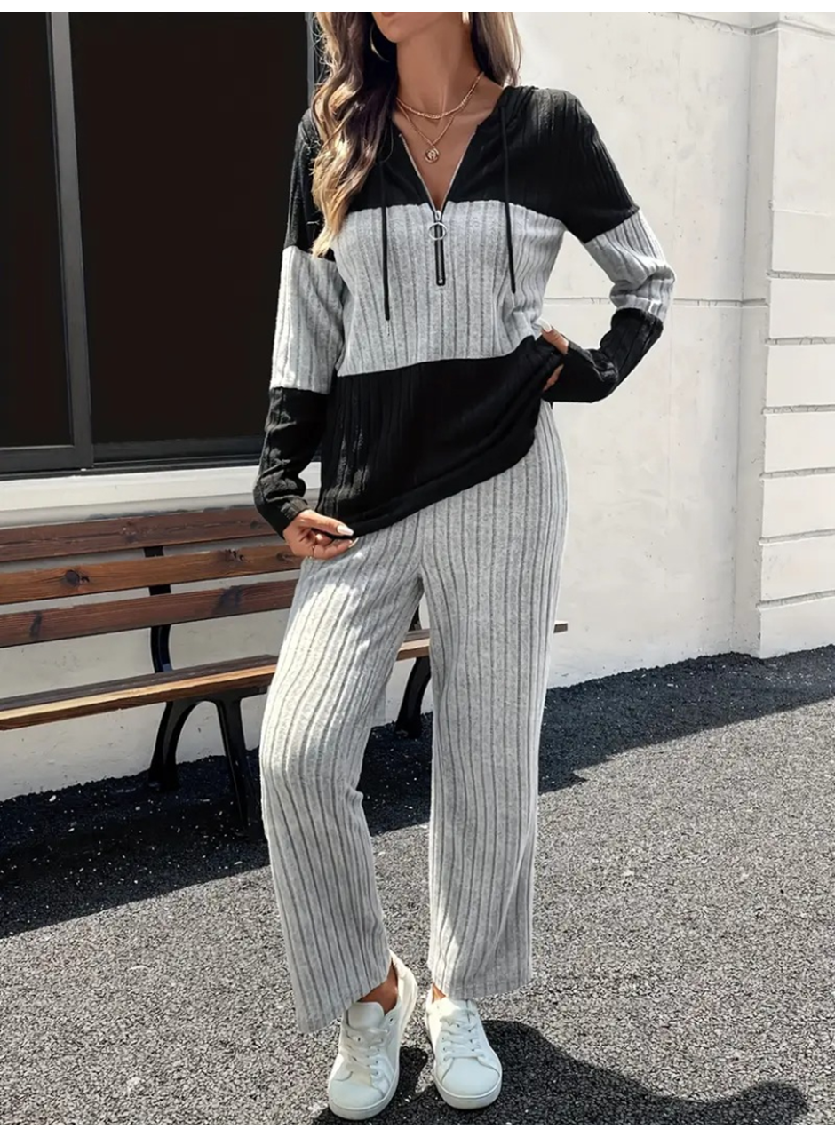 Kadın Uzun Kollu Kapşonlu önden Fermuarlı şardonlu Kaşkorse Bluz Ve Pantolon