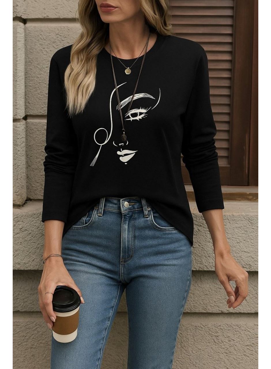 Kadın Uzun Kollu Bisiklet Yaka Yüz Desenli Viskon Bluz
