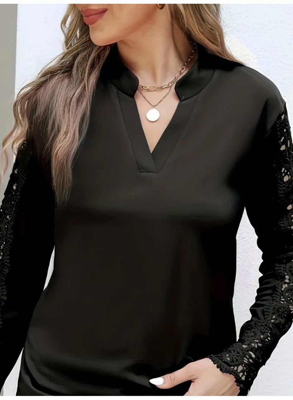 Kadın Uzun Kollu Hakim Yaka Kolları Dantel Detaylı Ithal Krep Bluz