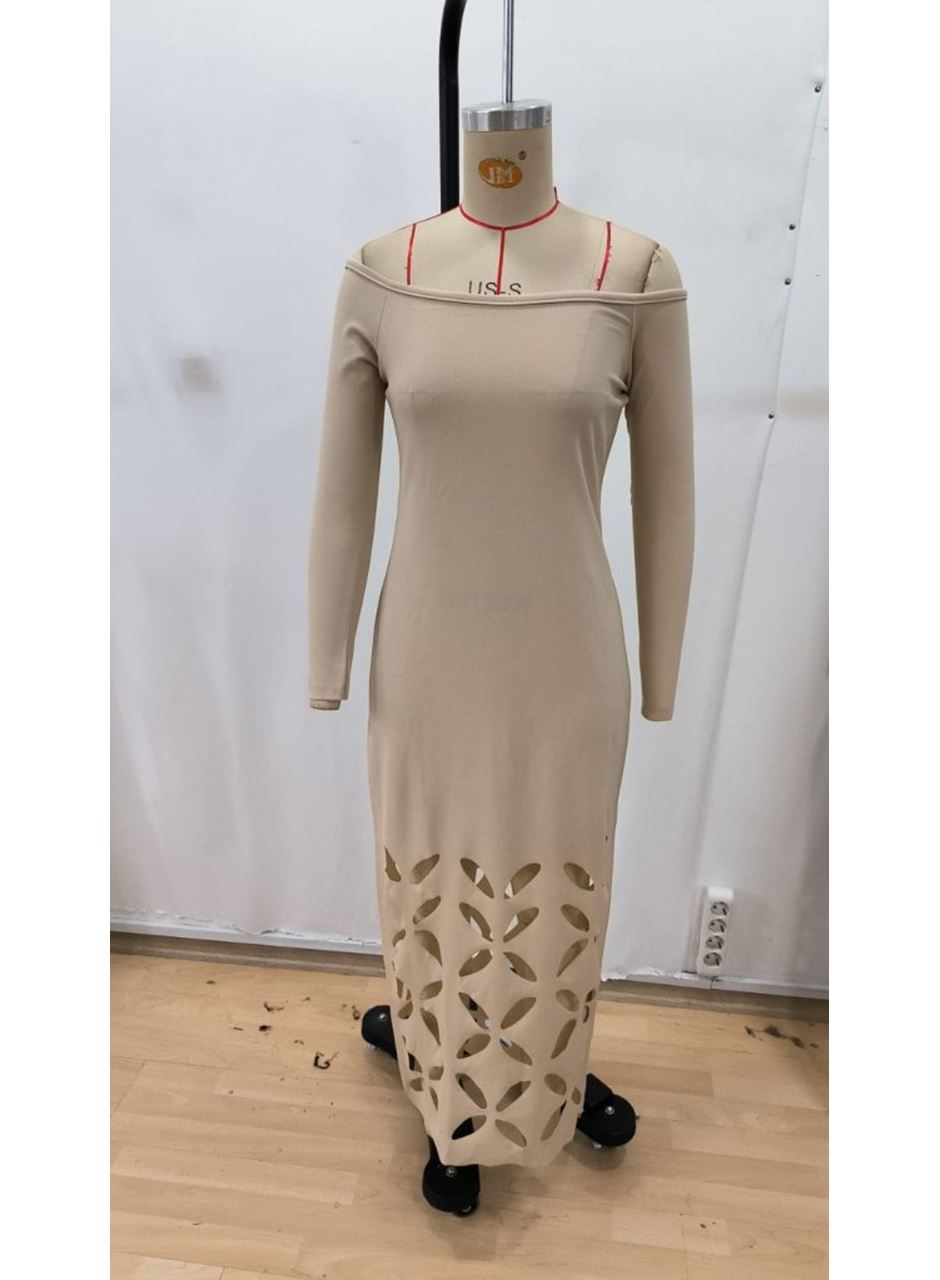 Kadın Madonna Yaka Uzun Kollu Lazer çiçek Kesim Detaylı Uzun Ithal Krep Elbise