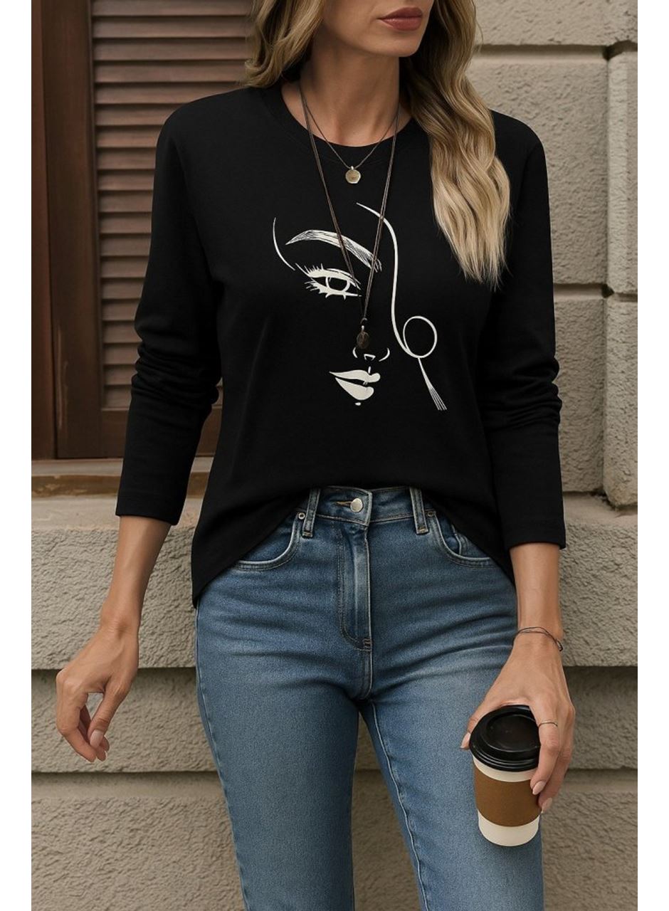 Kadın Uzun Kollu Bisiklet Yaka Yüz Desenli Viskon Bluz