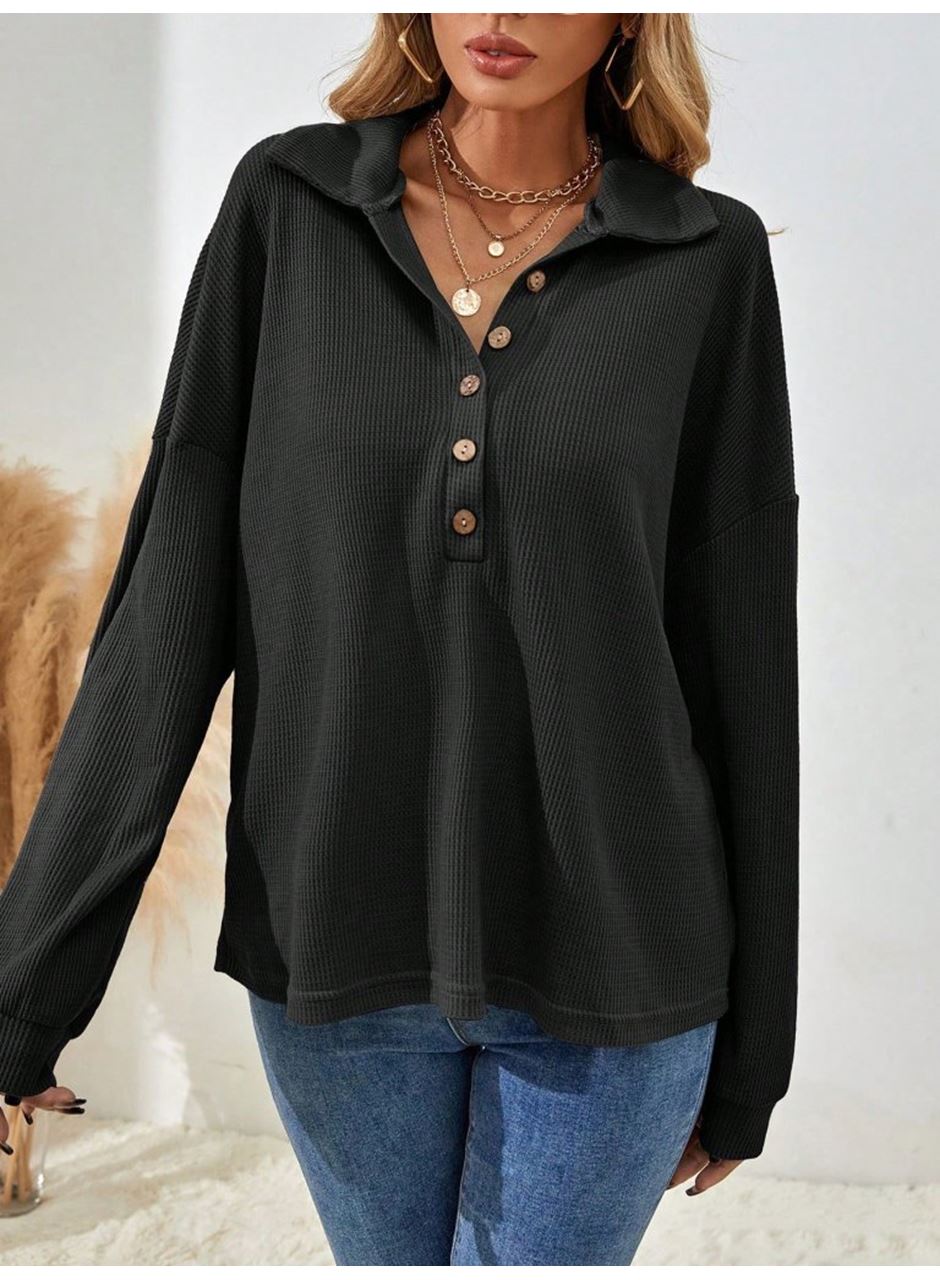 Kadın Uzun Kollu Yakalı Düğmeli Salaş Waffle Bluz