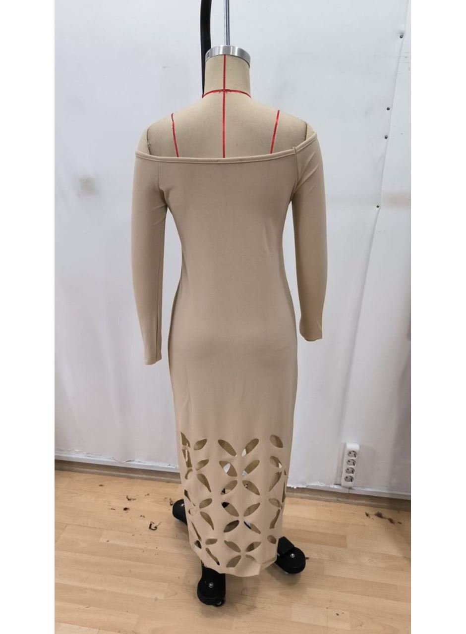 Kadın Madonna Yaka Uzun Kollu Lazer çiçek Kesim Detaylı Uzun Ithal Krep Elbise