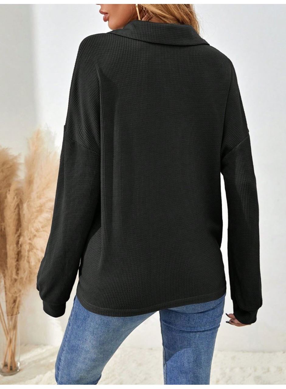 Kadın Uzun Kollu Yakalı Düğmeli Salaş Waffle Bluz