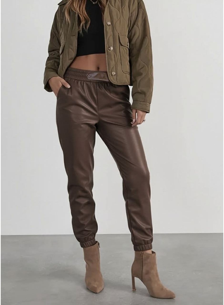 Kadın Yüksek Bel Lastikli önü Düğmeli Deri Pantolon