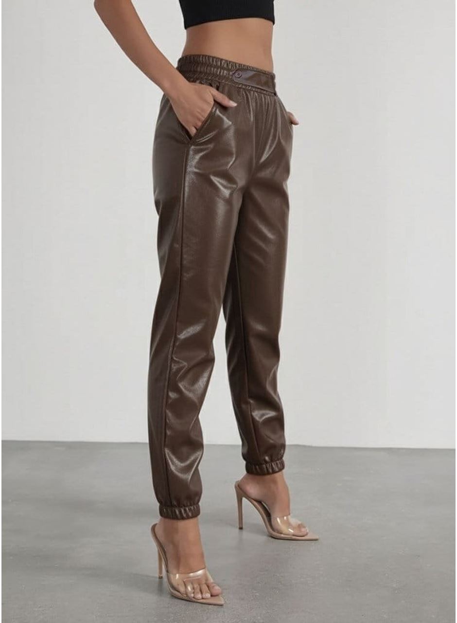 Kadın Yüksek Bel Lastikli önü Düğmeli Deri Pantolon