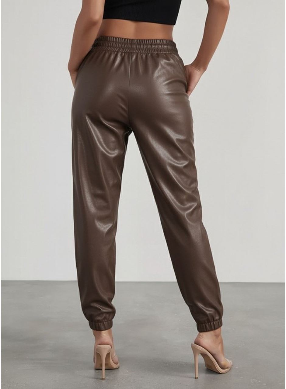 Kadın Yüksek Bel Lastikli önü Düğmeli Deri Pantolon