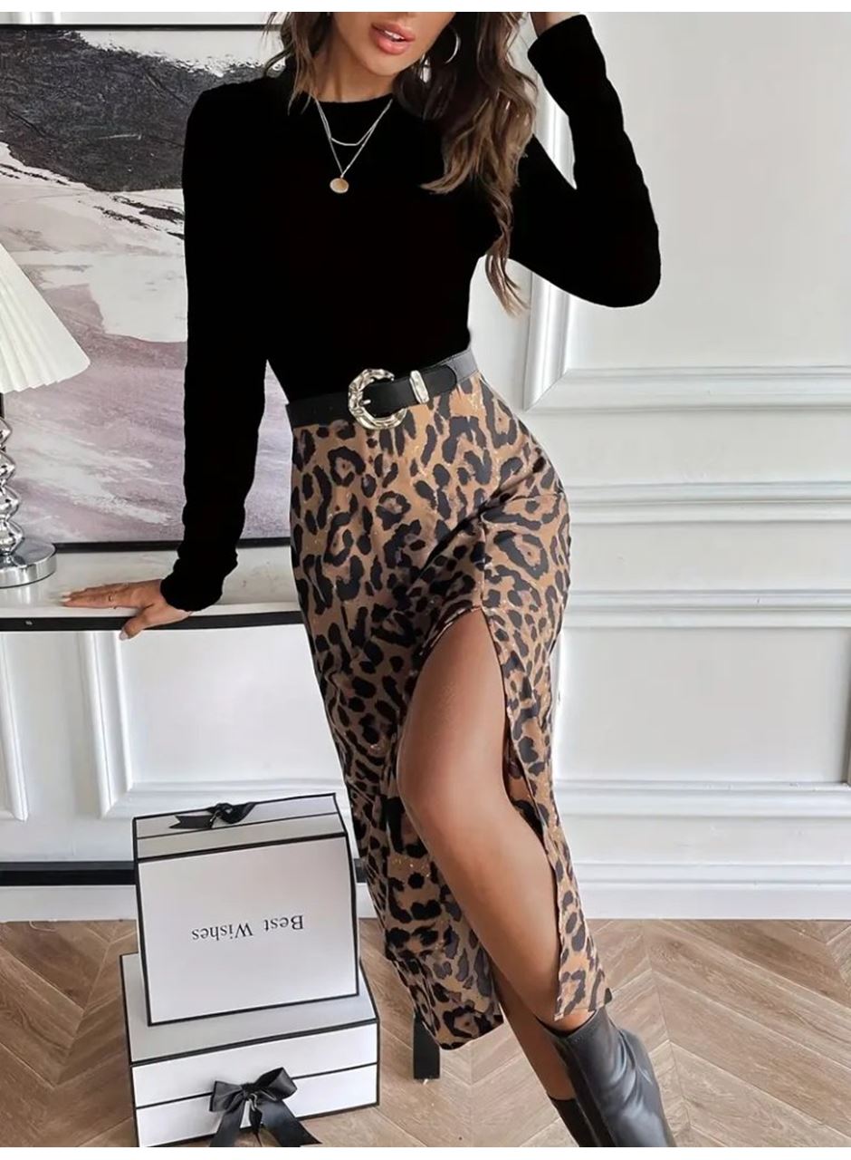 Kadın Uzun Kollu Bisiklet Yaka Ithal Krep Bluz Alt Desenli Modal Midi Elbise