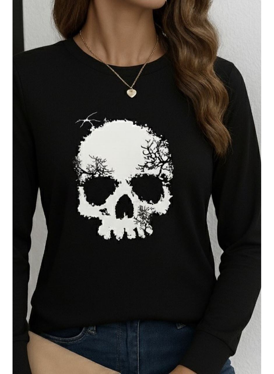 Kadın Uzun Kollu Bisiklet Yaka Kurukafa Desenli Viskon Bluz