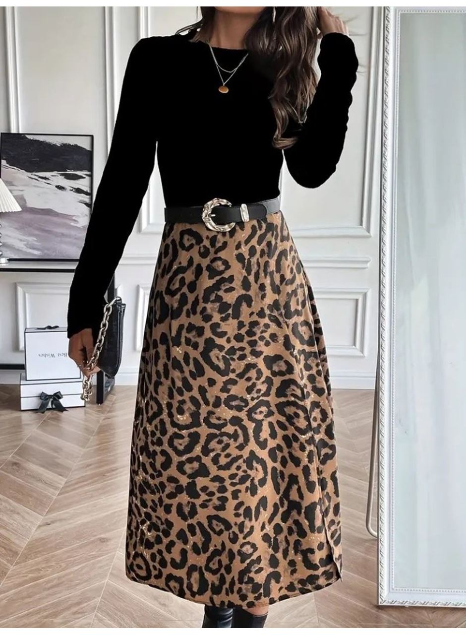 Kadın Uzun Kollu Bisiklet Yaka Ithal Krep Bluz Alt Desenli Modal Midi Elbise