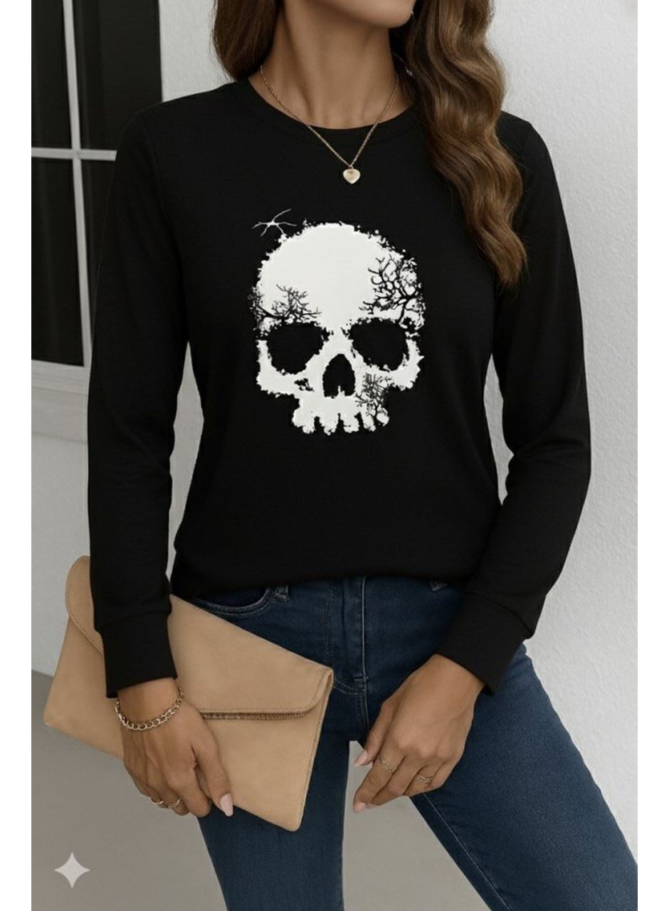 Kadın Uzun Kollu Bisiklet Yaka Kurukafa Desenli Viskon Bluz