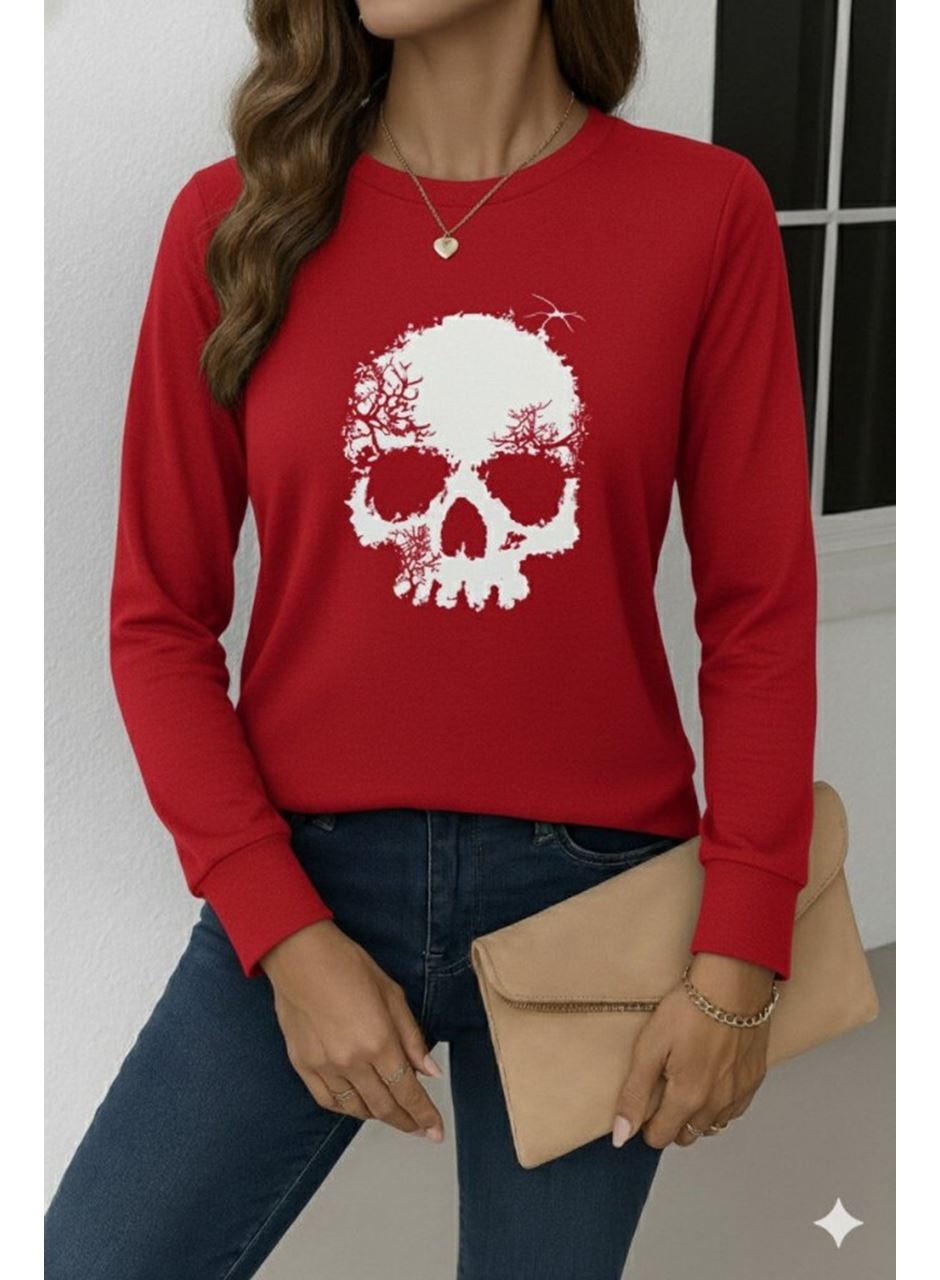 Kadın Uzun Kollu Bisiklet Yaka Kurukafa Desenli Viskon Bluz