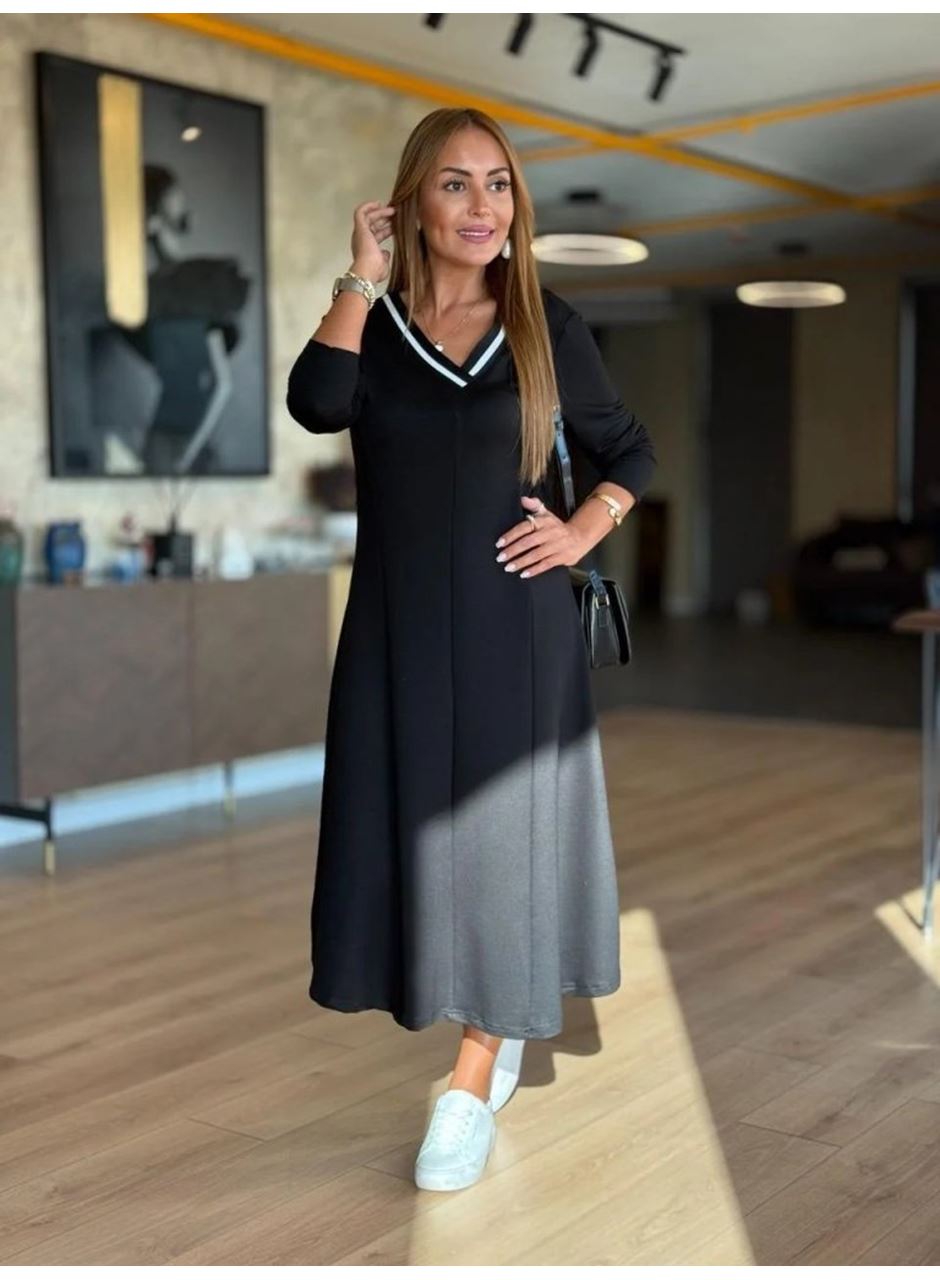 Kadın Uzun Kollu V Yakalı Midi Modal Elbise