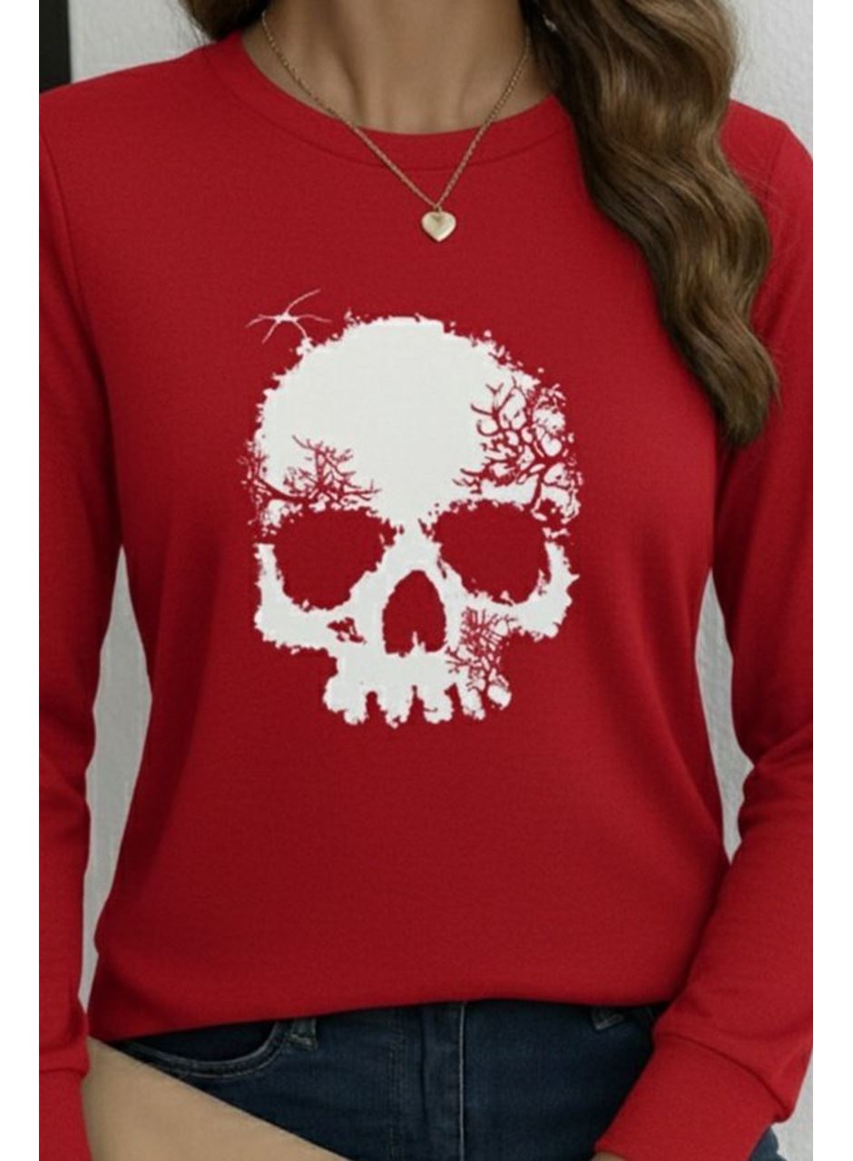 Kadın Uzun Kollu Bisiklet Yaka Kurukafa Desenli Viskon Bluz