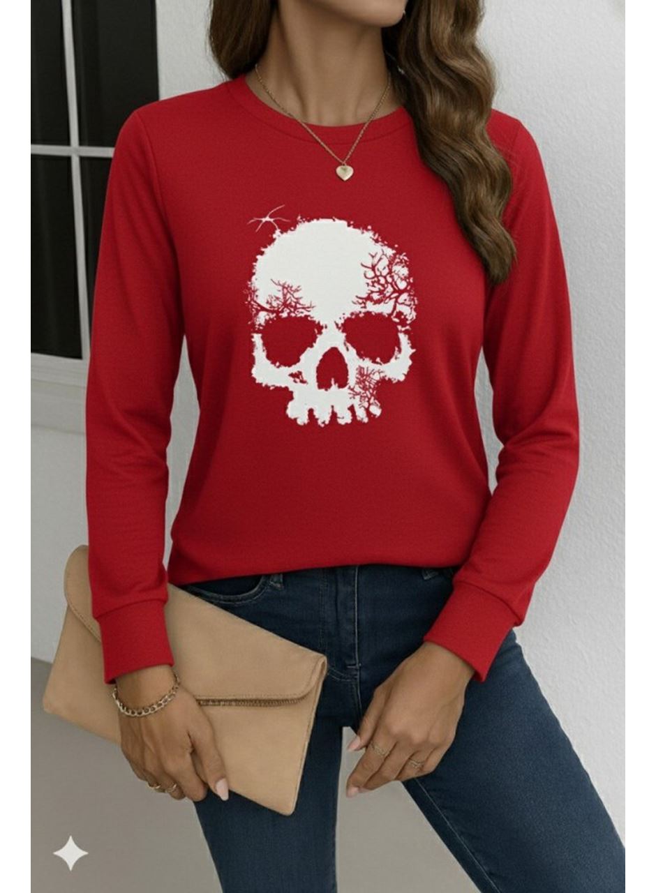 Kadın Uzun Kollu Bisiklet Yaka Kurukafa Desenli Viskon Bluz