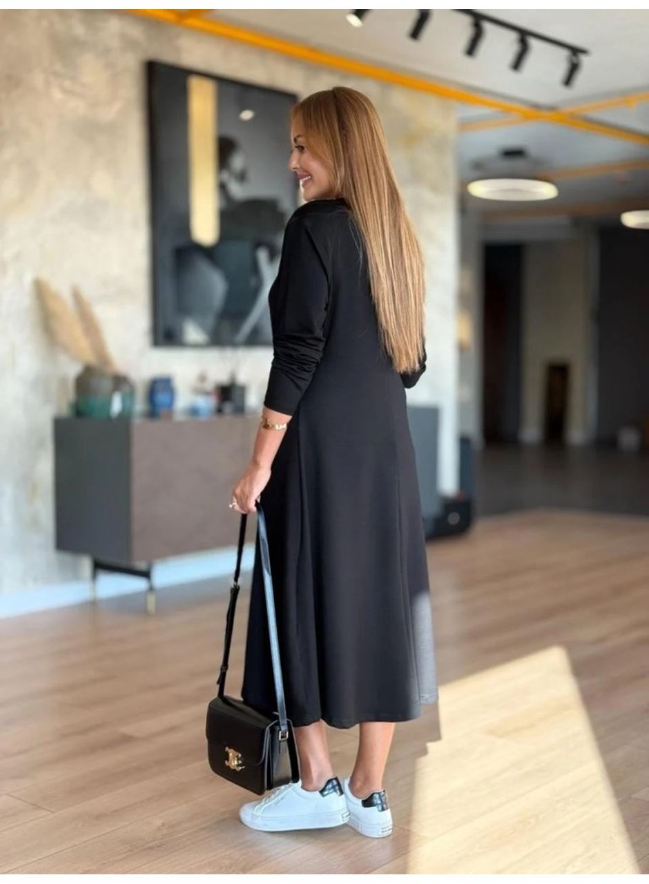 Kadın Uzun Kollu V Yakalı Midi Modal Elbise