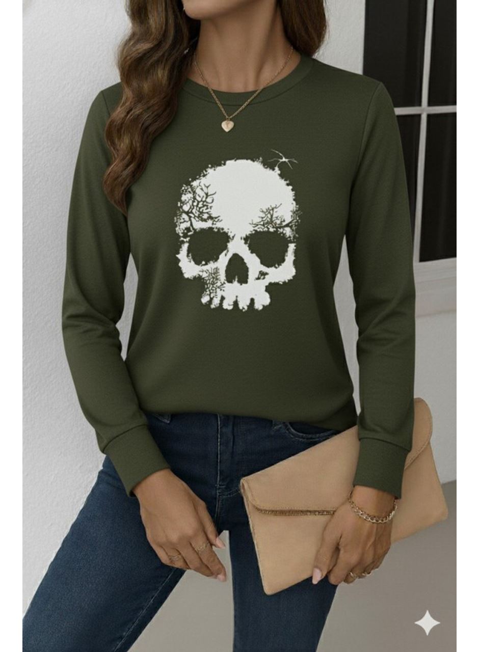 Kadın Uzun Kollu Bisiklet Yaka Kurukafa Desenli Viskon Bluz