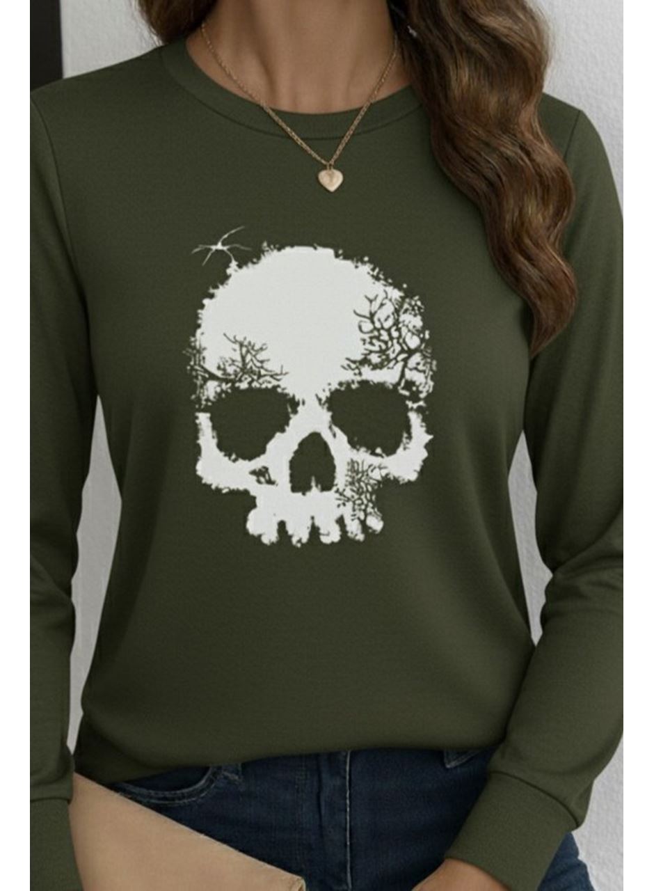 Kadın Uzun Kollu Bisiklet Yaka Kurukafa Desenli Viskon Bluz