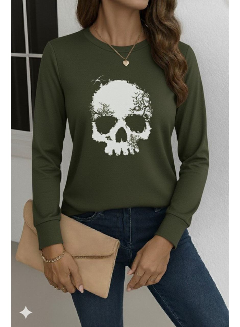 Kadın Uzun Kollu Bisiklet Yaka Kurukafa Desenli Viskon Bluz