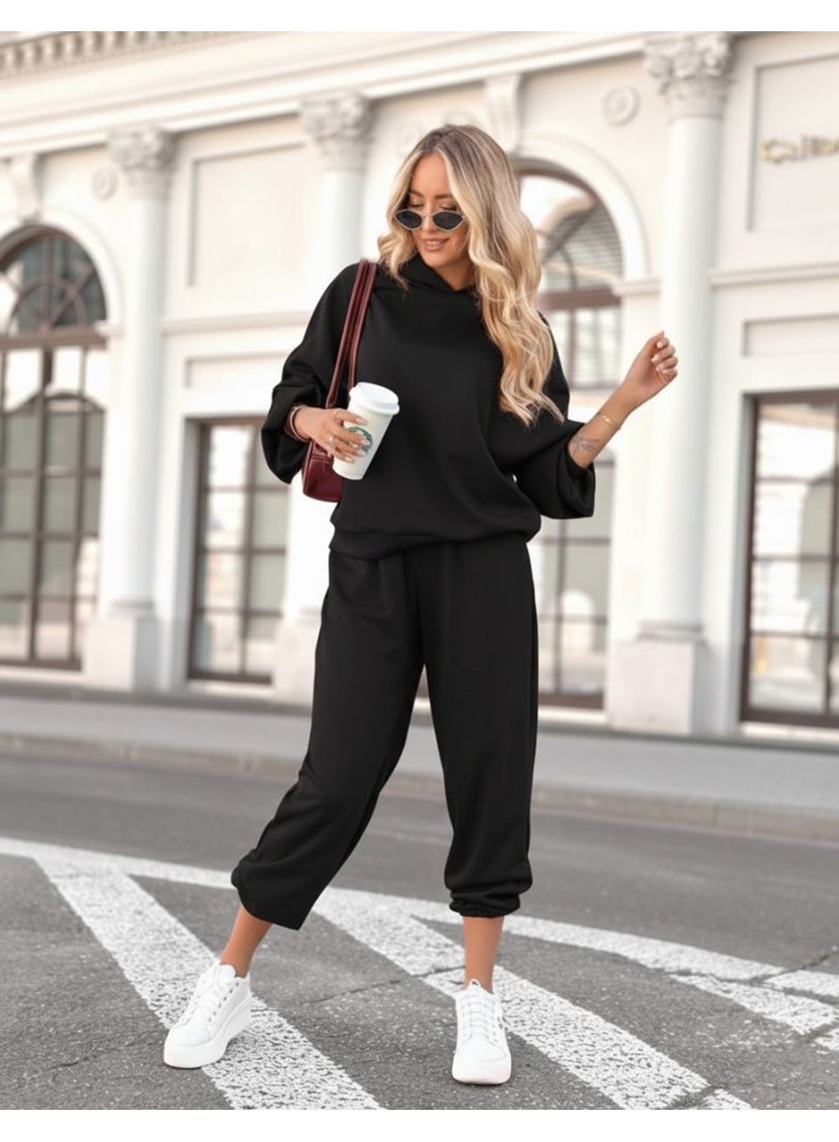 Kadın Uzun Kollu Kapşonlu Viskon Iki Iplik Bluz Ve Pantolon Ikili Takım