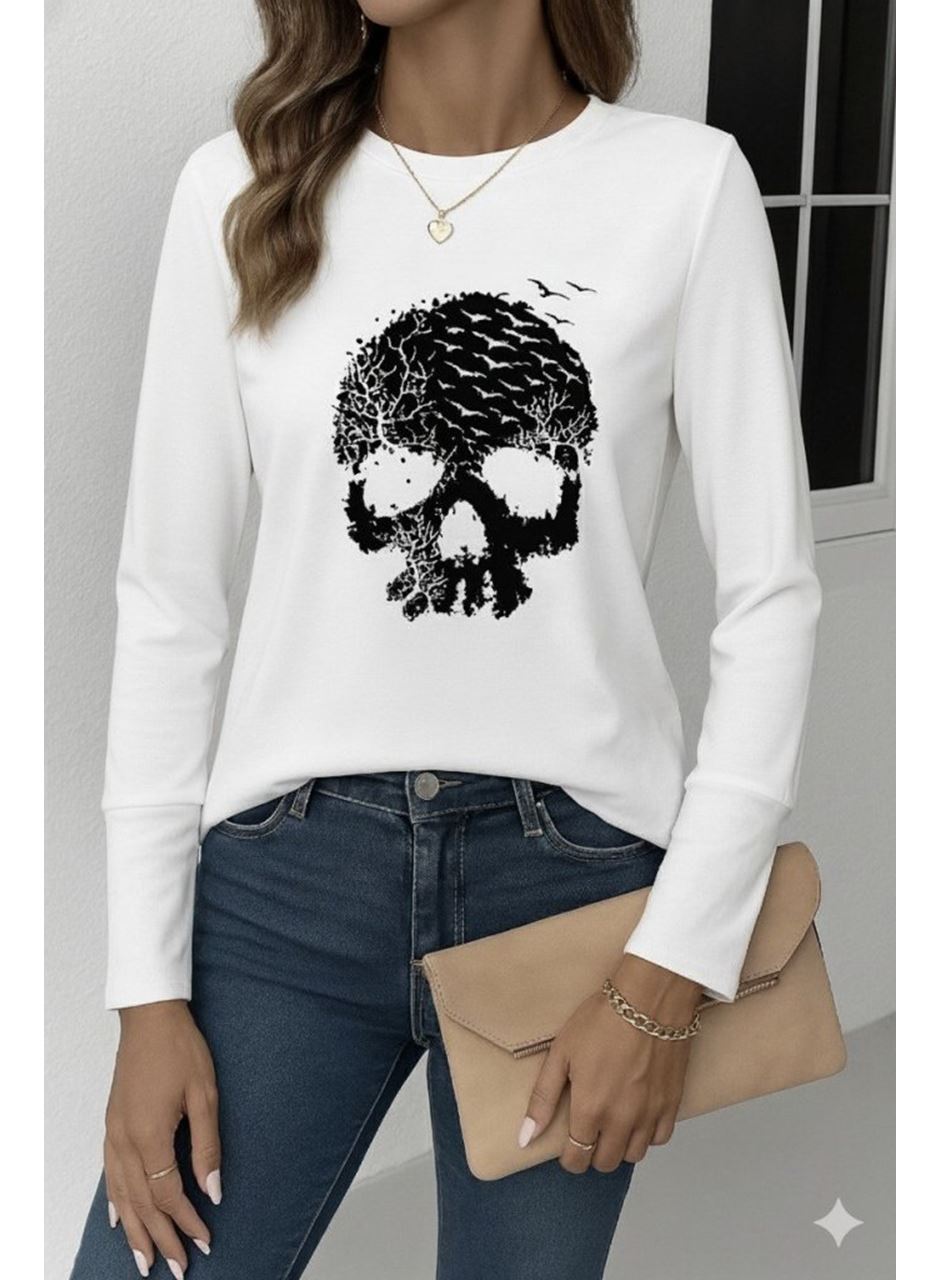 Kadın Uzun Kollu Bisiklet Yaka Kurukafa Desenli Viskon Bluz