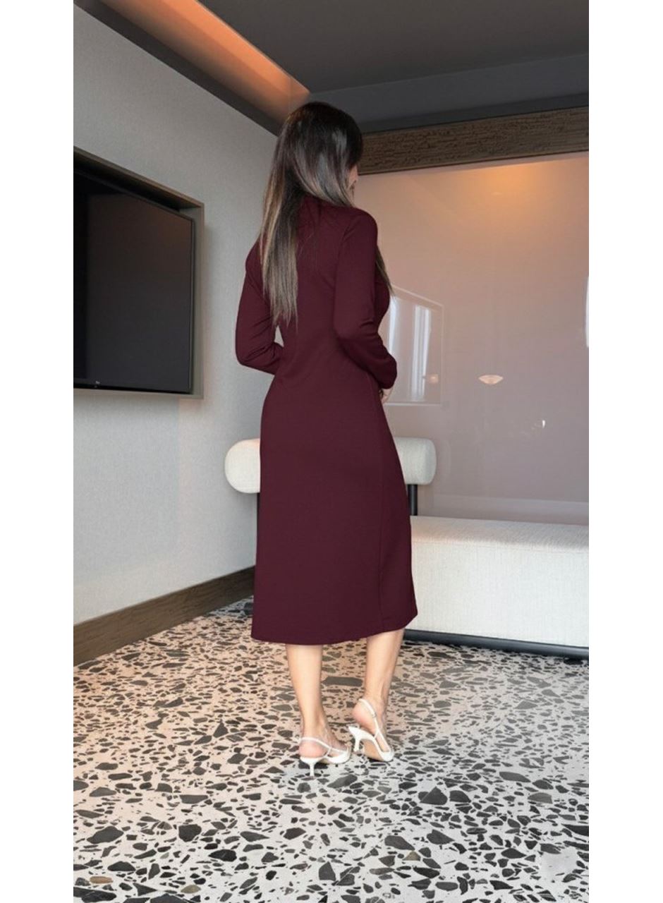 Kadın Uzun Kollu Balıkçı Yaka önden Fermuarlı Yırtmaçlı Midi Viskon Iki Iplik Elbise