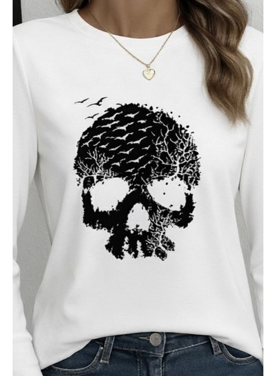 Kadın Uzun Kollu Bisiklet Yaka Kurukafa Desenli Viskon Bluz