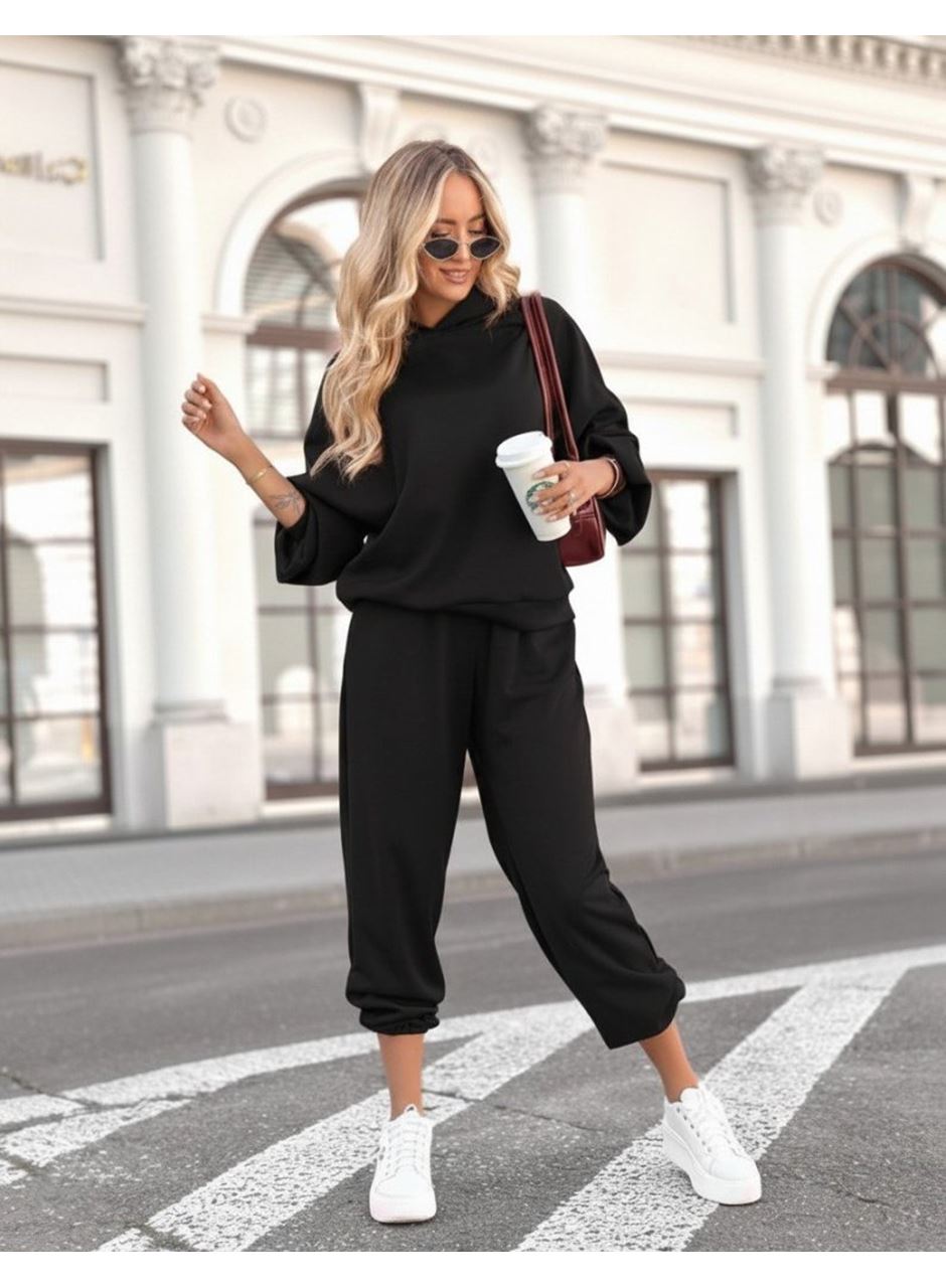 Kadın Uzun Kollu Kapşonlu Viskon Iki Iplik Bluz Ve Pantolon Ikili Takım