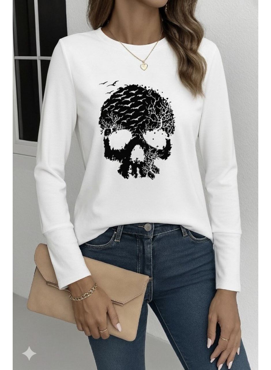 Kadın Uzun Kollu Bisiklet Yaka Kurukafa Desenli Viskon Bluz