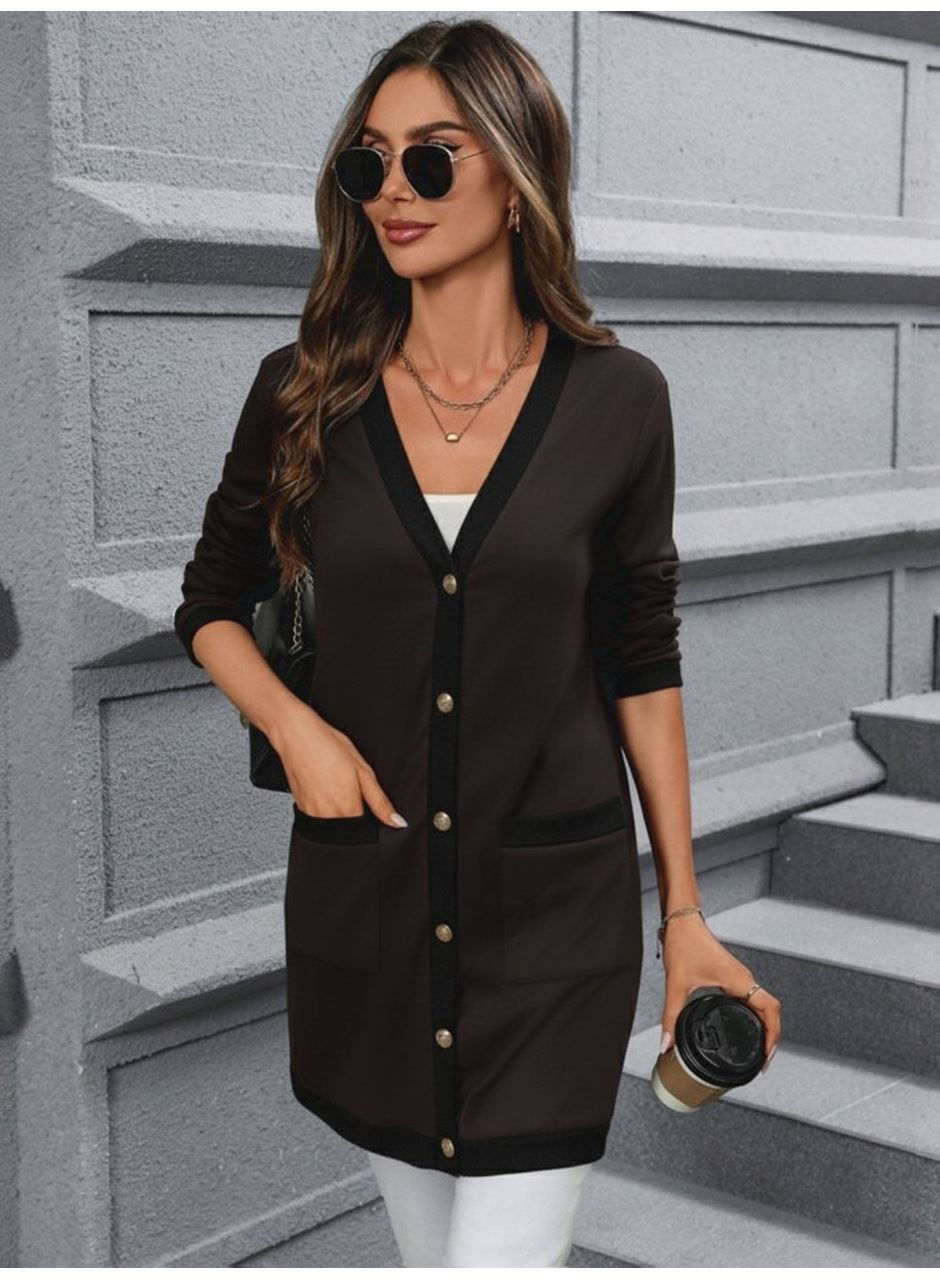 Kadın Uzun Kollu Cepli önden Düğmeli Uzun Modal Ceket Hırka