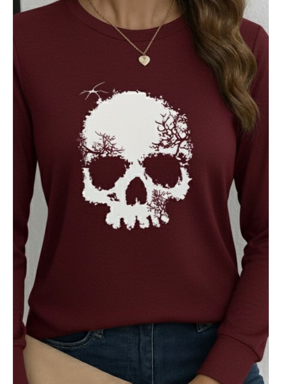 Kadın Uzun Kollu Bisiklet Yaka Kurukafa Desenli Viskon Bluz