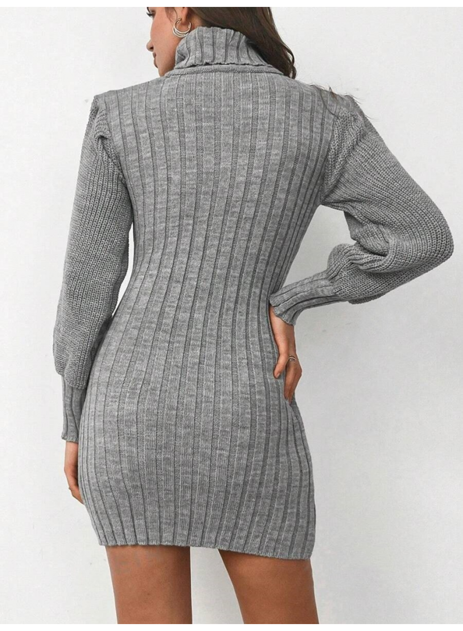 Kadın Uzun Kollu Balıkçı Yaka Beli Kuşaklı Mini Triko Elbise