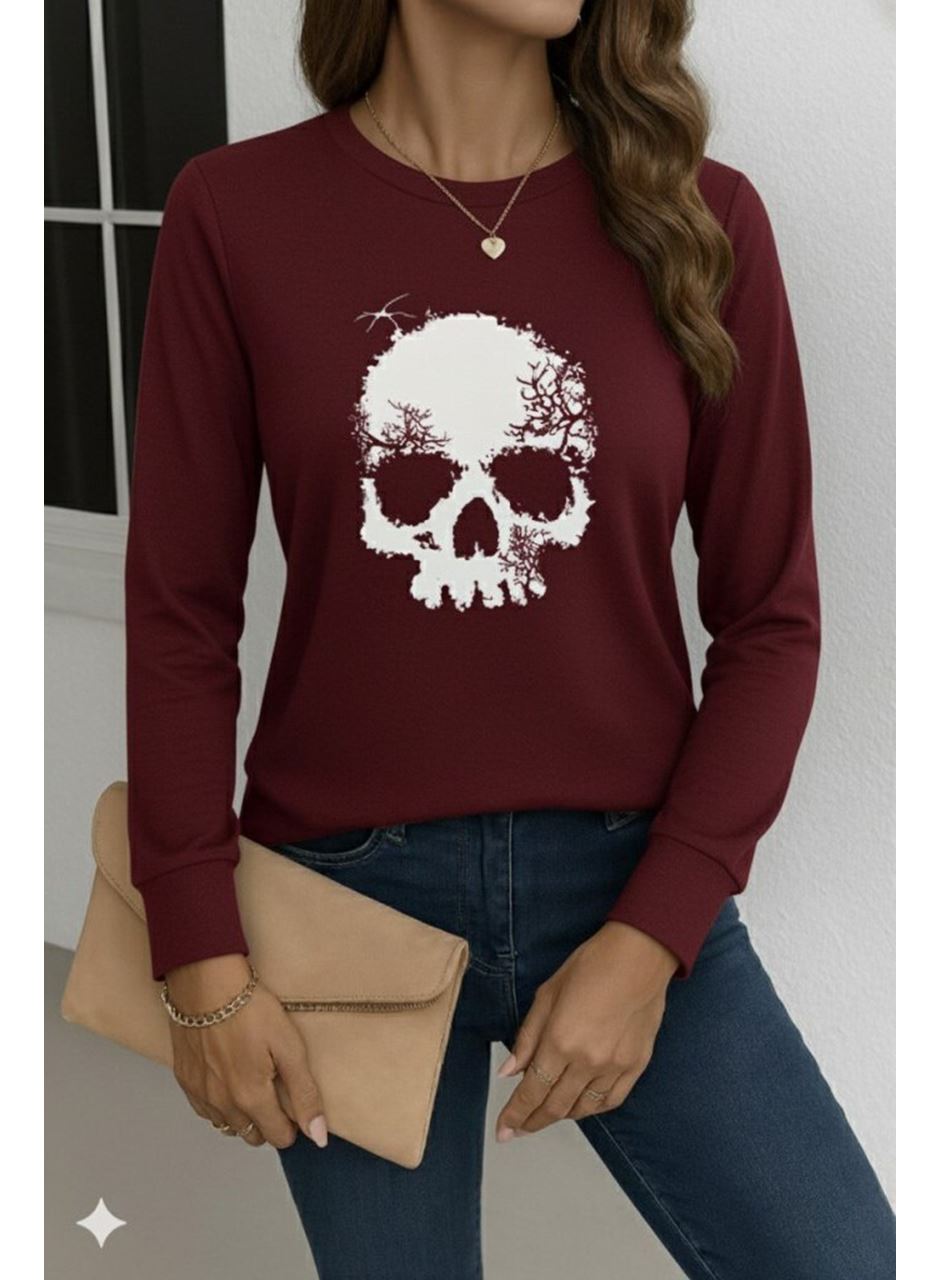 Kadın Uzun Kollu Bisiklet Yaka Kurukafa Desenli Viskon Bluz