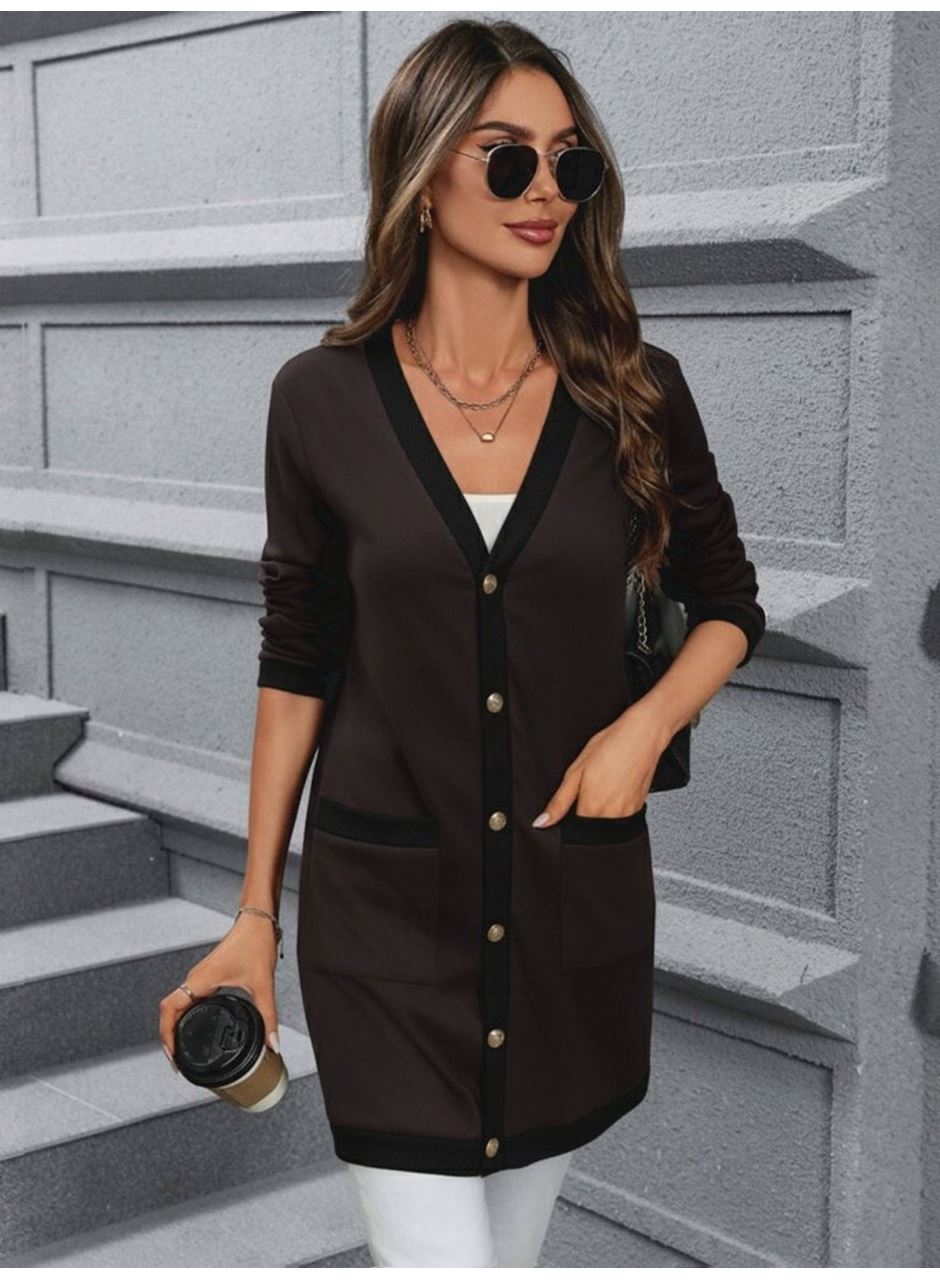 Kadın Uzun Kollu Cepli önden Düğmeli Uzun Modal Ceket Hırka