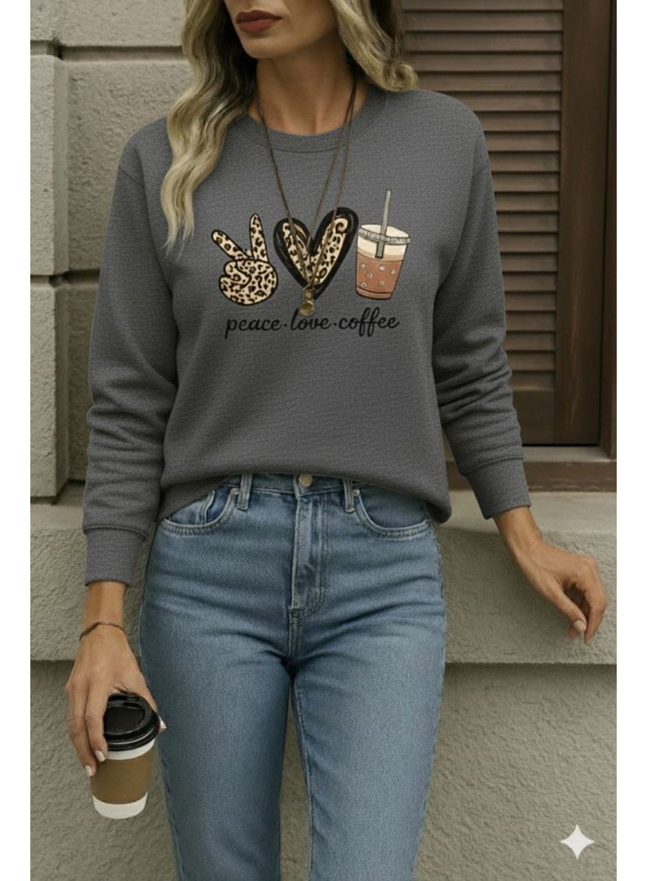 Kadın Uzun Kollu Bisiklet Yaka Kalp Desenli Viskon Iki Iplik Bluz