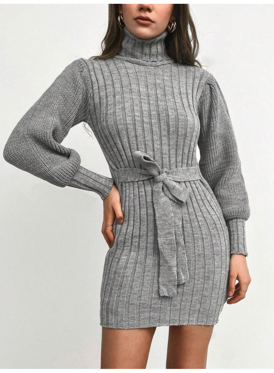 Kadın Uzun Kollu Balıkçı Yaka Beli Kuşaklı Mini Triko Elbise