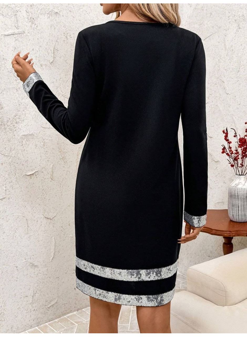 Kadın Uzun Kollu Bisiklet Yaka Mini Ithal Krep Elbise