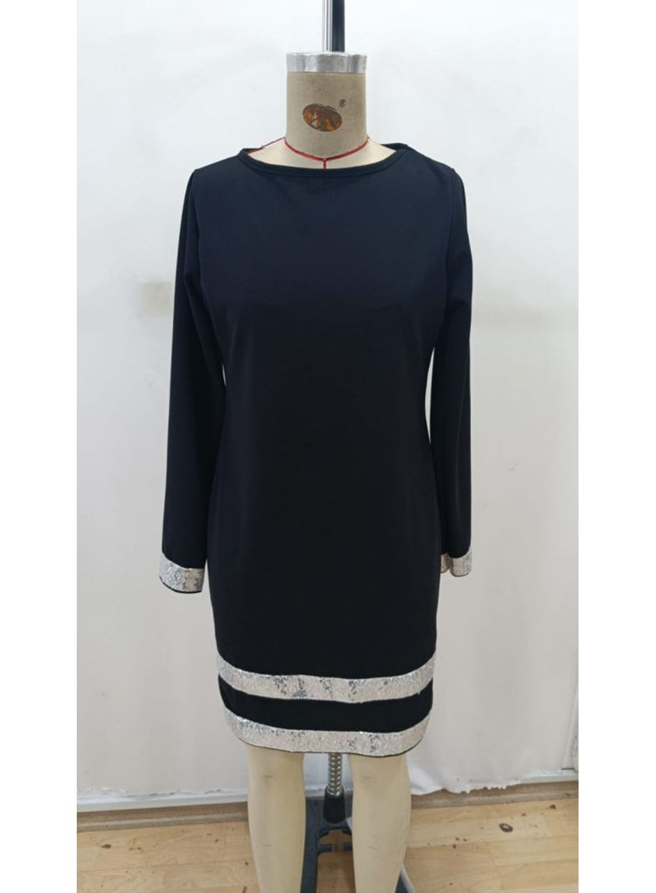 Kadın Uzun Kollu Bisiklet Yaka Mini Ithal Krep Elbise