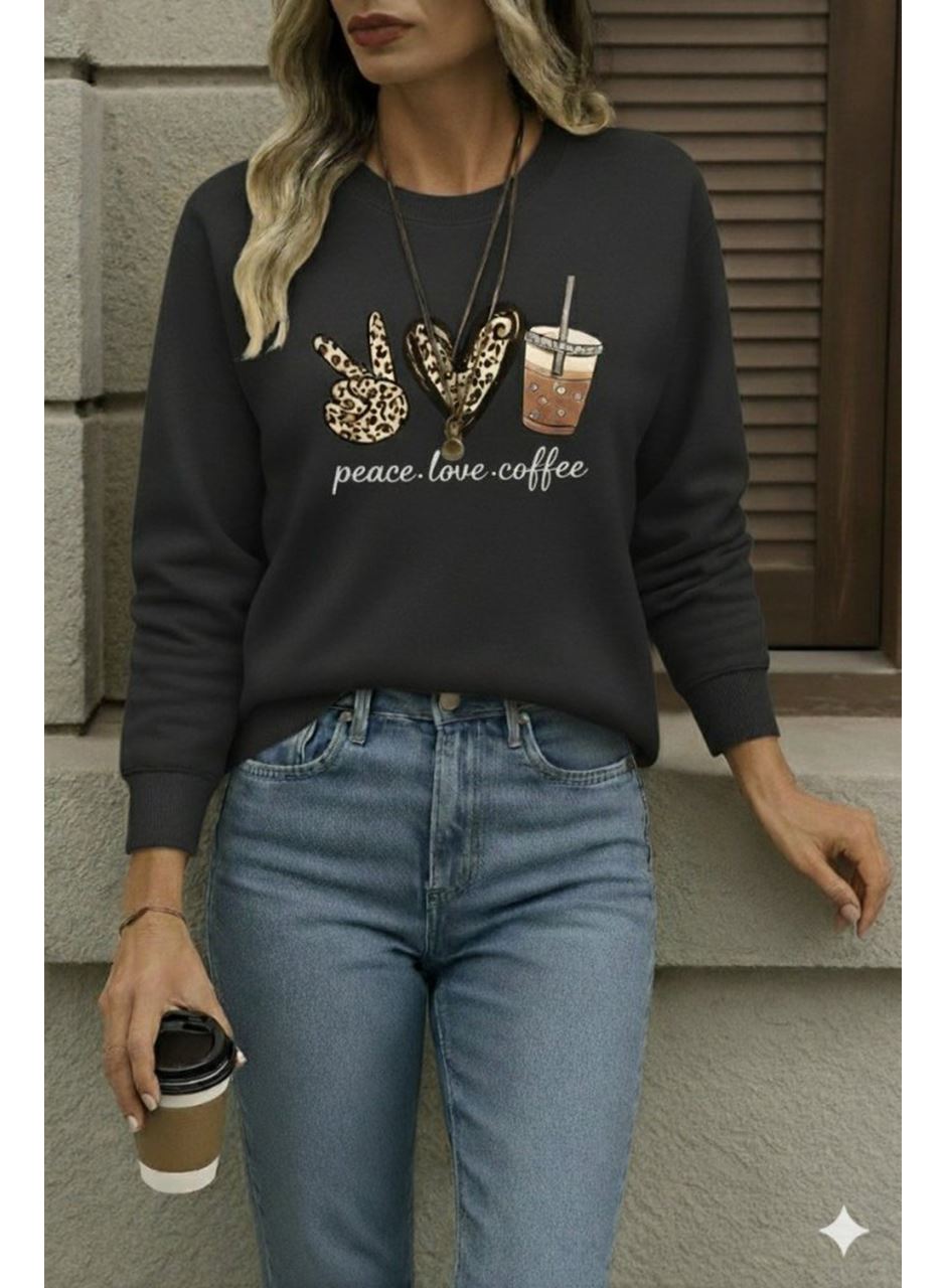 Kadın Uzun Kollu Bisiklet Yaka Kalp Desenli Viskon Iki Iplik Bluz