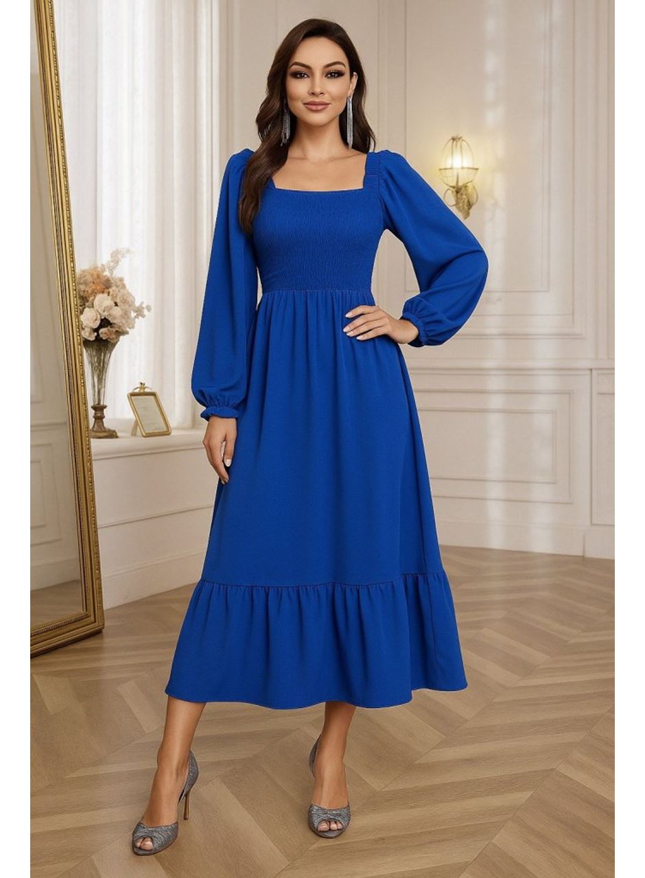 Kadın Uzun Kollu Kare Yakalı Gipeli Uzun Trikoton Elbise