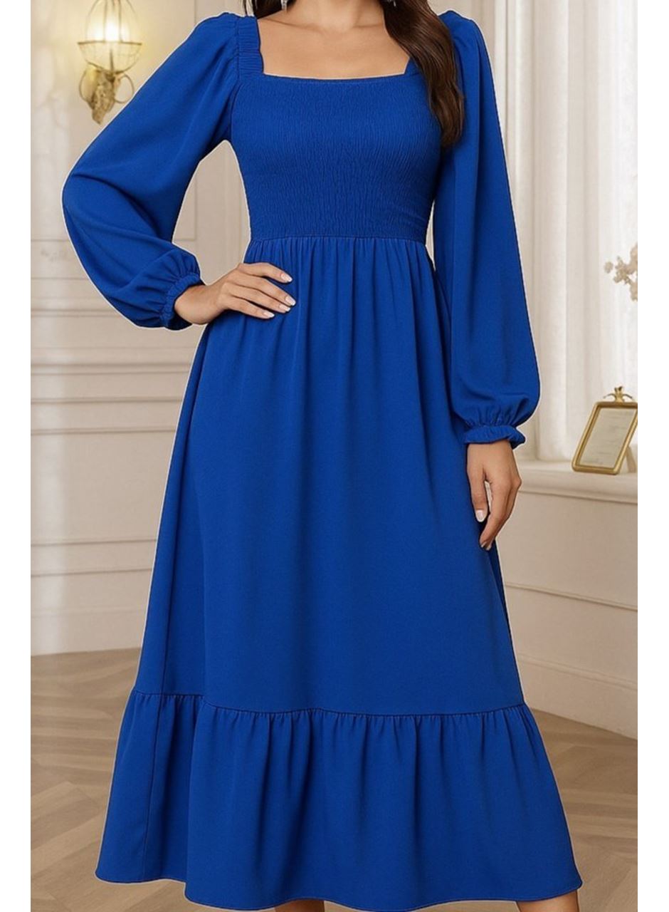 Kadın Uzun Kollu Kare Yakalı Gipeli Uzun Trikoton Elbise