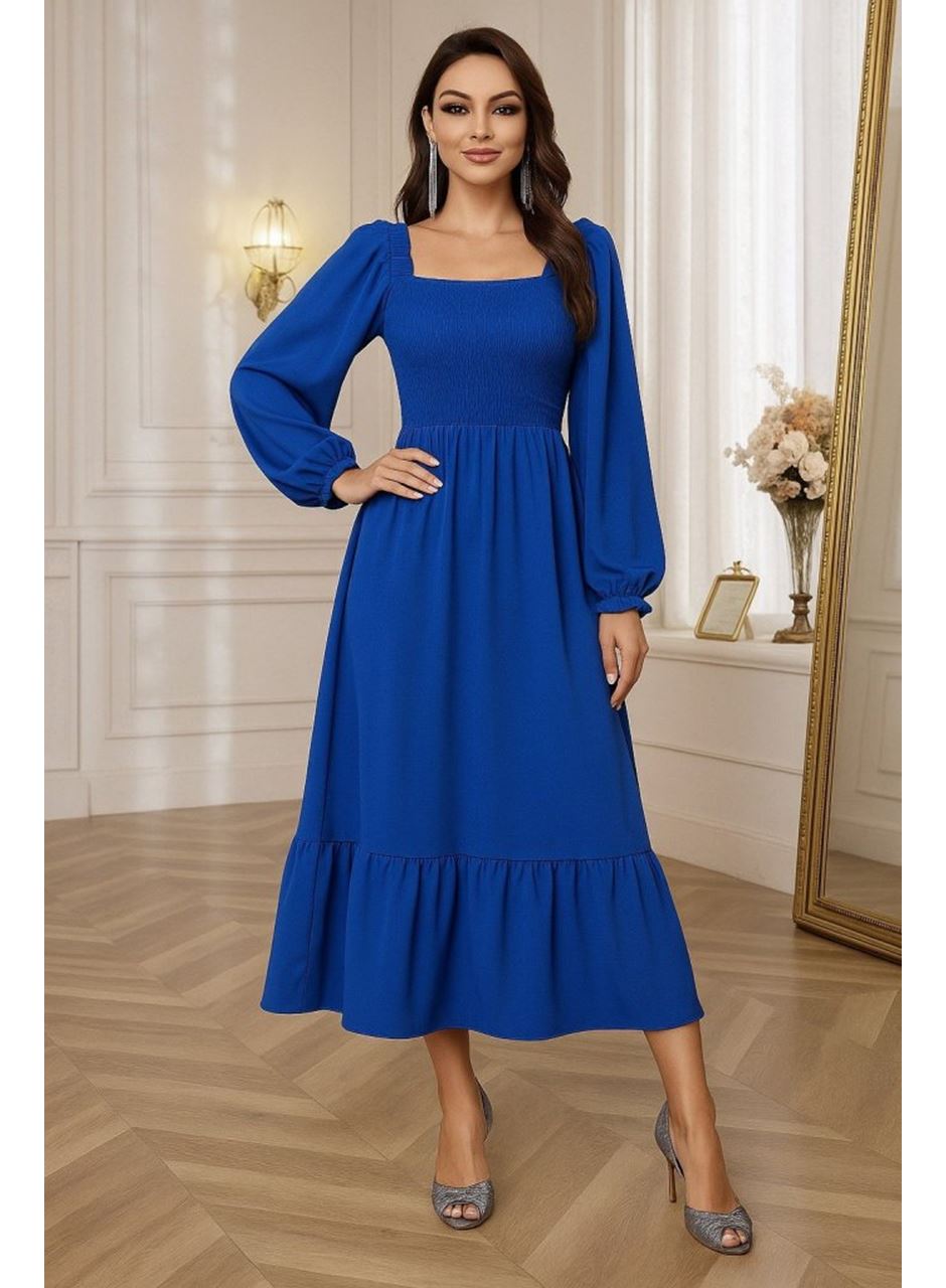 Kadın Uzun Kollu Kare Yakalı Gipeli Uzun Trikoton Elbise