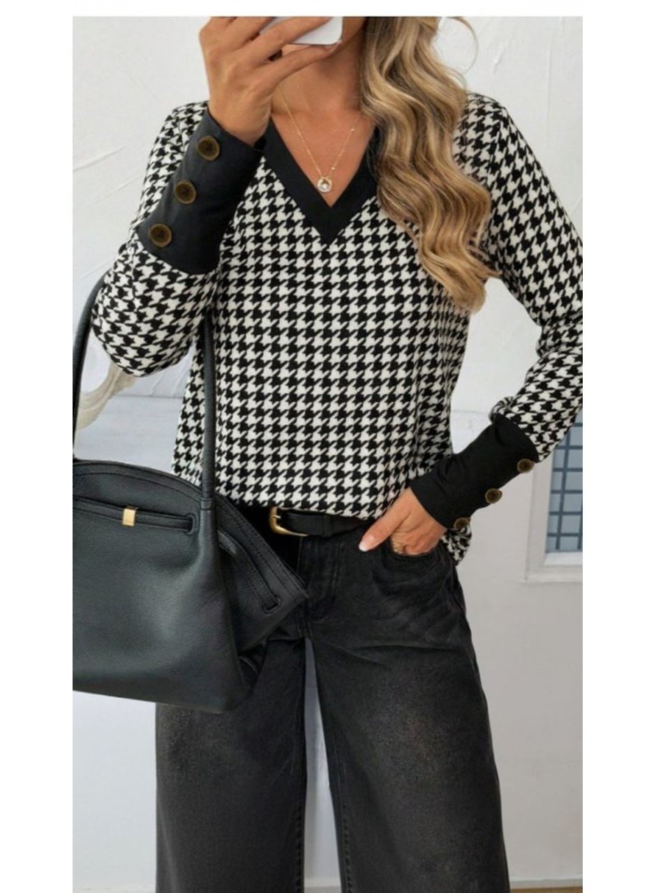 Kadın Uzun Kollu V Yakalı Desenli Süprem Bluz