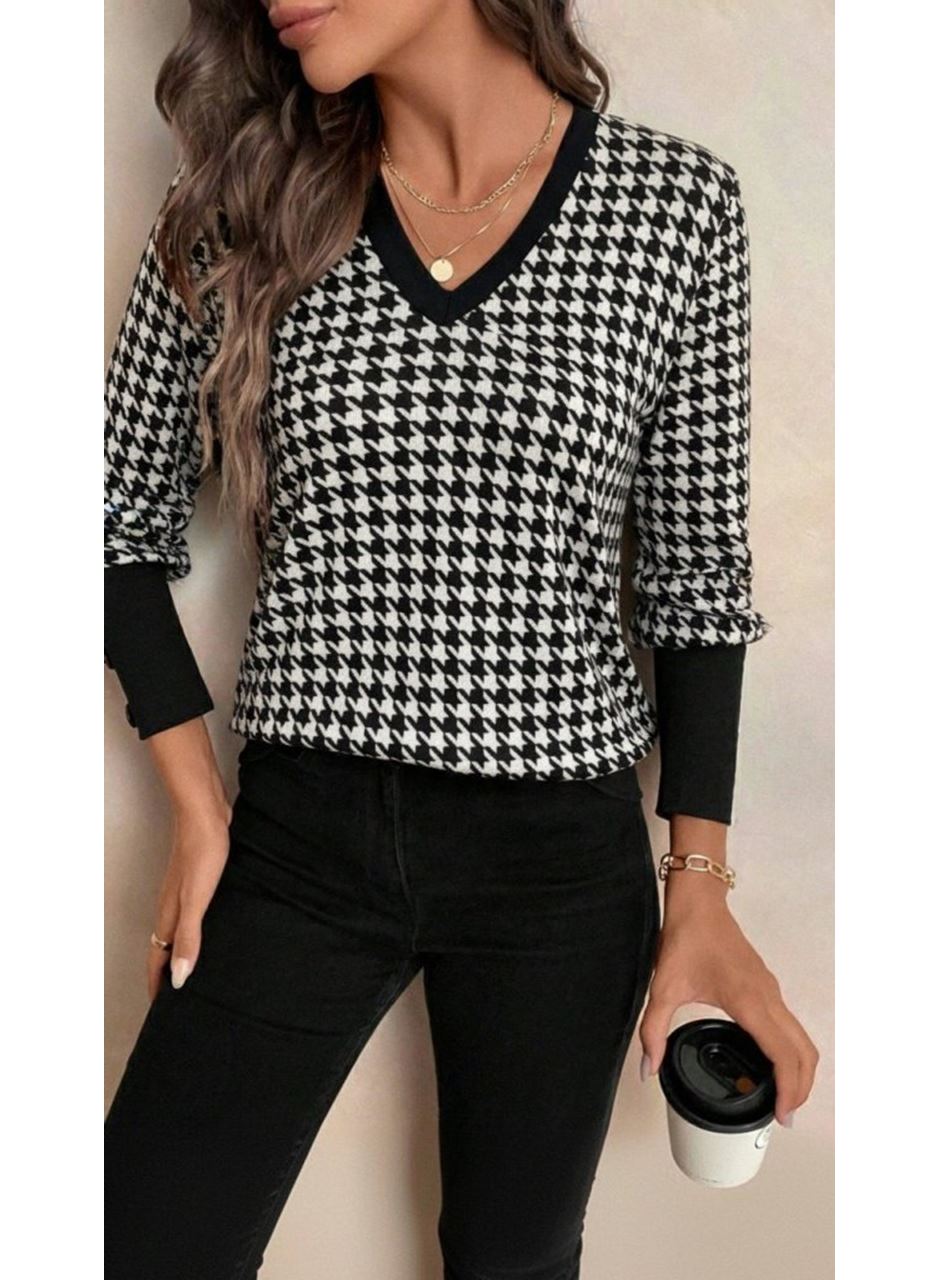 Kadın Uzun Kollu V Yakalı Desenli Süprem Bluz
