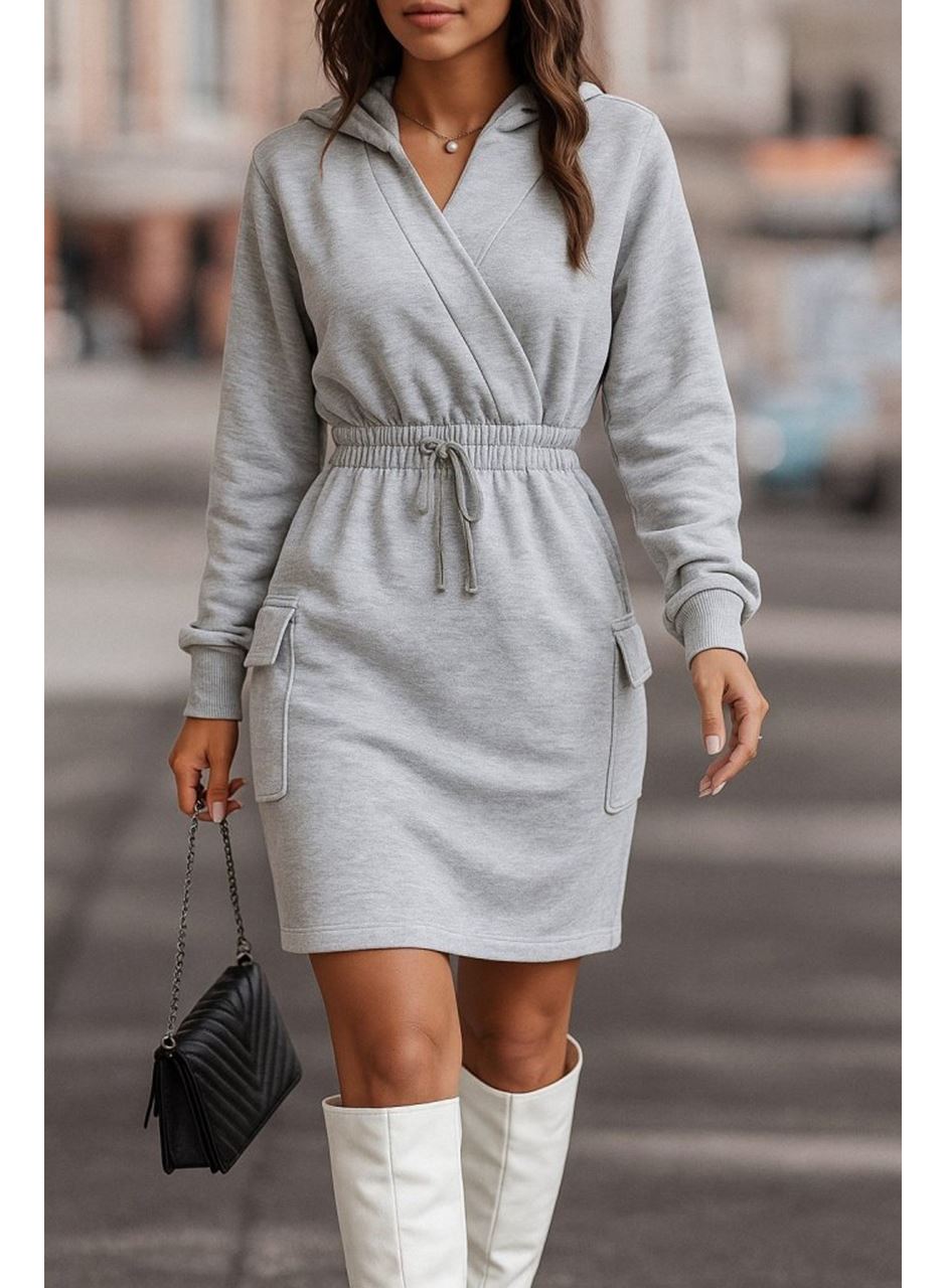 Kadın Uzun Kollu V Yakalı Kapşonlu Cep Detaylı şardonlu Iki Iplik Kısa Elbise
