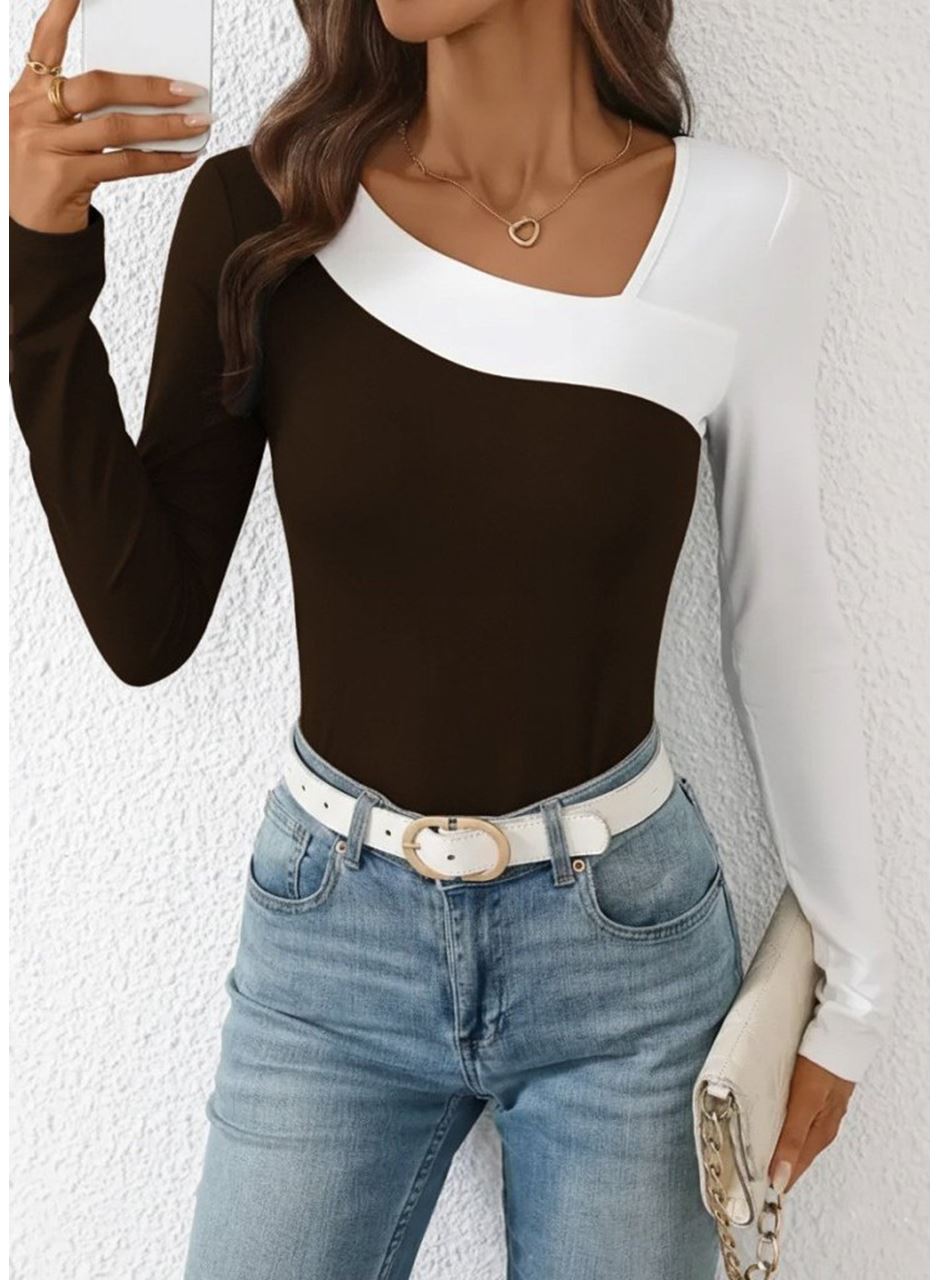 Kadın Uzun Kollu Geometrik Yaka Detaylı çift Renkli Viskon Bluz