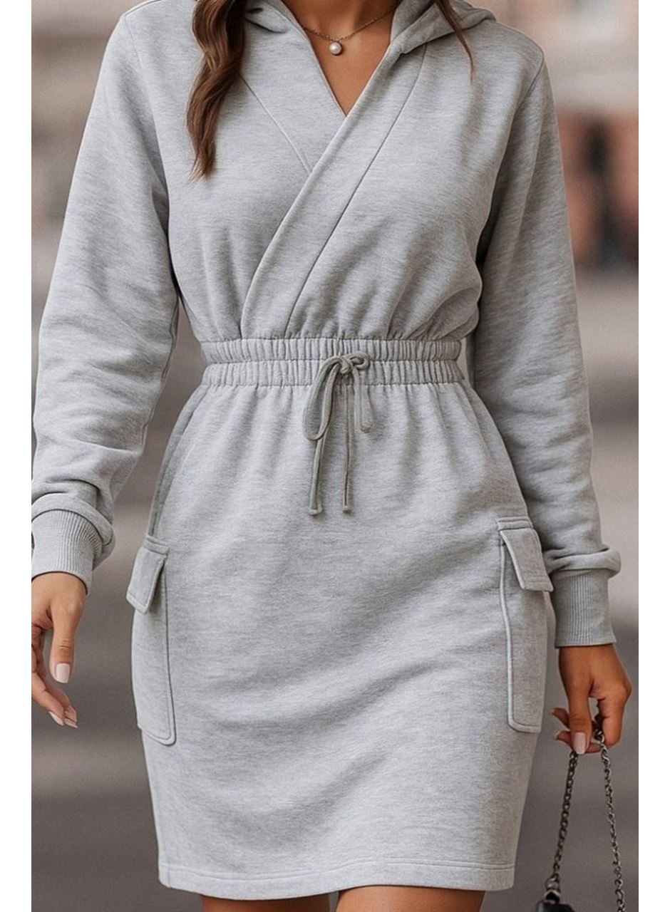 Kadın Uzun Kollu V Yakalı Kapşonlu Cep Detaylı şardonlu Iki Iplik Kısa Elbise